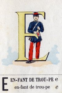隊員の子供としての手紙E軍隊のアルファベット.エピナルのイメージング、1870-1880年頃。ステンシルカラーの木版画 作： French School