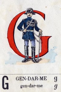 レターGはコンスタブル。軍隊のアルファベット。エピナルのイメージング、1870年から1880年頃。ステンシルカラーの木版画 作： French School