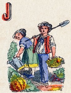 Letter J Gardeners.Alphabet des jeux "に掲載された版画。19世紀末、ポン・ア・ムソンの編集者Mr.Vagneが描いたもの。ピンクのシリーズ。12ページ。簡略化された読み方とイラスト入りのアベコベを収録したアルバム。寸法：16,5x11cm 作： French School