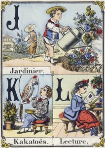 Letter J, K, L: gardener, kakatoes, reading.再現性のあるアルファベット。エピナル・イメージング。1880年頃のステンシルされた木版画。16ページの小さなブックレット 作： French School