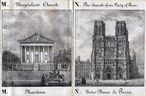 Letter M Madeleine and N Notre-Dame de Paris (Notre Dame de Paris) - "Alphabet Picturesque des Monumens de Paris" c.1840 (carving)