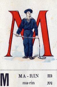 レターMをマリンにミリタリーアルファベット。エピナルのイメージング、1870-1880年頃。ステンシルカラーの木版画 作： French School