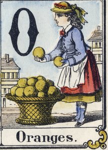 レターO：オランジュ再現性のあるアルファベット。エピナル・イメージング。1880年頃のステンシルによる木版画。16ページの小さなブックレット 作： French School