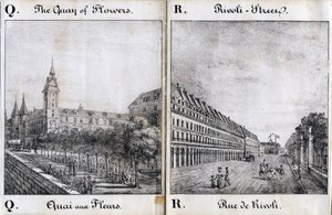 QとAの手紙花ドックとリヴォリ通り - "Alphabet Picturesque des Monumens de Paris" 1840年頃（エングレーヴィング）