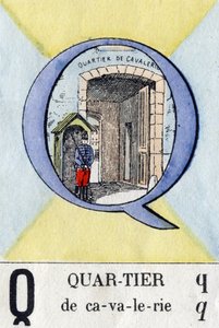 近所付き合いとしての文字Q。ミリタリーアルファベット.エピナルのイメージング、1870-1880年頃。ステンシルカラーの木版画 作： French School