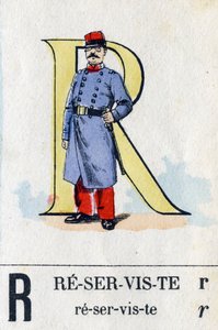 予備役としてのRの文字。軍隊のアルファベット。エピナルの画像化、1870-1880年頃。ステンシルカラーの木版画 作： French School