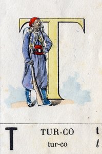 ターコイズのような文字T。ミリタリーアルファベット。エピナルのイメージング、1870-1880年頃。ステンシルされた木版画 作： French School