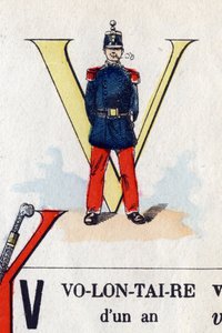 ボランティアとしての文字Vミリタリーアルファベット.エピナルのイメージング、1870-1880年頃。ステンシルカラーの木版画 作： French School