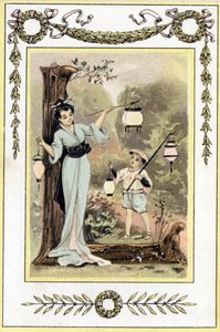 提灯を持った日本の母と息子を表す手紙 19世紀後半（クロモリトグラフ 作： French School