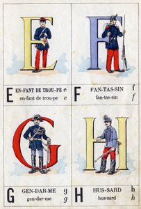 Eは部隊の子、Fは歩兵、Gは歩兵、Hはフサールの文字。ABCのミリタリー．エピナルのイメージング 作： French School