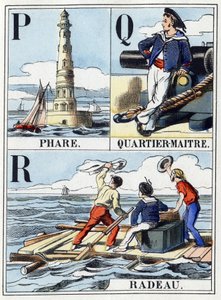 Pは「Lighthouse」、Qは「Quartier Maitre」、Rは「Raft」の文字。大文字のアルファベットを含む16ページの海軍手帳。エピナール像、19世紀後半。ステンシルされた木版画 薄さ：21x14,5cm