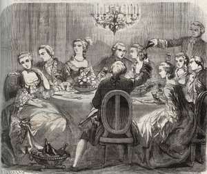 リベルティナージュ踊り子マリー・マドレーヌ・ギマール（1743-1816）がパンタンの家で企画したリバティナージュの宴に参加するデンマーク・ノルウェー王クリスチャン7世（1749-1808）。ヘンリー・デ・コック（1819-18）の『Histoire Des Cocus Celebres』に掲載された1871年のエングレーヴィング。 作： French School