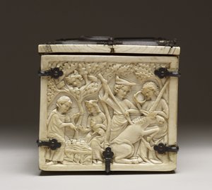 「愛の城と騎士の戯曲」を描いた棺の蓋、c.1330-50 作： French School