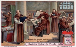 中世の僧侶が写本を書いている様子を描いたリービッヒ・エキス・オブ・ミート社の広告