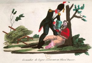 負傷したロシア兵を助けるライン・グレナディア（彩色彫刻） 作： French School