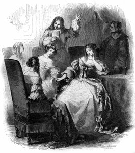 詩人ジャン・ルノー・ド・セグレー（1624-1701）がアンヌ・マリー・ルイーズ・ドルレアン・ド・モンペンシエ（1627-1693）の宮廷で過ごした「戯言の間」。1856年のエングレーヴィング。 作： French School