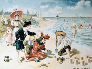小さなパスタ：砂浜で遊ぶ子供たち。20世紀初頭のイラスト（クロモリト） 作： French School