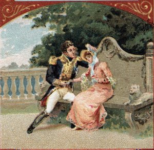ワグラム公爵のルイ・アレクサンドル（Louis-Alexandre）・ベルティエ（1753-1815）と愛人のヴィスコンティ夫人、グロボア城にて。19世紀末のクロモリトグラフ 作： French School