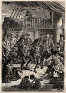ブーゲンビル伯爵ルイ・アントワーヌ（1729-1811）は、1768年に自分の船「La Boudeuse」でフォーテスキュー湾（マゼランのデトロイト）の住民を迎え入れた - "The Great Mariners of 18th century "からのイラスト 作： French School
