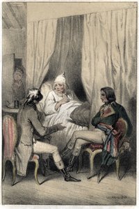 フランスの外交官・行政官であるルイ・アントワーヌ・フォーヴレ・ドゥ・ブーリエンヌ（1769-1834）とナポレオン・ボナパルト将軍（1769-1821）は、病気の老資本家にイタリア遠征のための資金を求めた。プレートは「Scenes de la vie des hommes famous」のエングラヴィからの引用。 作： French School