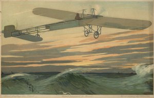 空気より重い飛行機で英仏海峡を初飛行するルイ・ブレリオ、1909年7月25日（カラーリトグラフ）
