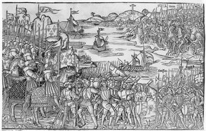 1522年に出版された「グランドヴォヤージュドヒエルサレム」からの第7十字軍の期間にダミエッタで下船するフランスのルイ9世 作： French School