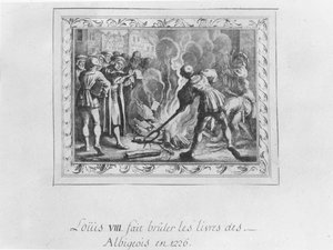 1226年にアルビゲン派の書物を燃やすルイ8世(エングレーヴィング) 作： French School