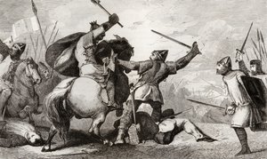ルイ6世（1081-1137）ラージは、ブレンヌヴィルの戦いでイギリス人と戦っています。コラートによる「フランスの歴史」から、1840年頃に出版されました。 作： French School