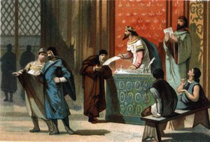 Louis VI dit Le Gros (1081-1137) は、コミューンの郵便制度の勅許を与えた。1890年頃のクロモリトグラフ。 作： French School