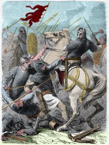ルイ6世（1081年～1137年）は、1119年にイングランド王ヘンリー1世からノルマンディーを奪おうとし、ブレンヌヴィルの戦いで勝利しました。Histoire De France En Cent Paintings by Paul Lehugeur "1891 "に掲載されたエングレーヴィング。 作： French School