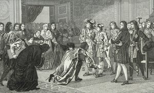 ルイ14世（1638-1715）太陽王は孫のフィリップV（1683-1746）をスペインの使節に贈った。 作： French School
