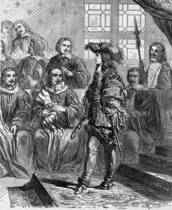 1652年、17歳だったルイ14世（1638 - 1715）は議会の前で、大統領に議会の解散を迫った。Histoire De France En Cent Paintings by Paul Lehugeur "1891 "に掲載されているエングレーヴィング。 作： French School