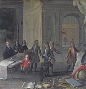 ルイ14世は彼の偉大な孫、未来のルイ15世、c.1715のレッスンに出席した 作： French School