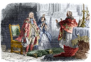 ルイ14世、マントノン侯爵夫人フランソワーズ・ドービーニュと結婚（1683/84年冬） - 国王ルイ14世（1638-1715）とフランソワーズ・ドービーニュの秘密の結婚。教皇・王・王妃・女帝の歴史」に掲載された版画 作： French School