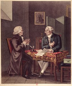 ルイ16世（1754-93）1793年12月25日、神殿でギヨーム・ド・ラモニョン・ド・マルセルブス（1721-94）への遺言と遺言を読む 作： French School