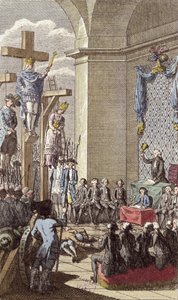 貴族と聖職者の間で十字架につけられたルイ16世（1754-93）の裁判、1792年頃 作： French School