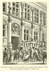 1789年7月17日、ルイ16世は国会議事堂の帽子をかぶったオテルドヴィルの大ホールの窓の1つに映っています 作： French School