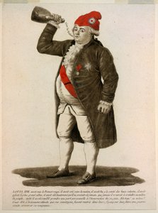赤い帽子をかぶり、「国民万歳」と叫ぶルイ16世（パブ1792年）（手彩色の銅版画 作： French School