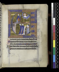 MS 300 f.107r ダビデは神に祈る（上）、2人の聖職者（下）、1265年から70年頃のパリ、イザベラ・オブ・フランスの詩篇と時祷から（羊皮紙にペンとインク、テンペラ）。 作： French School