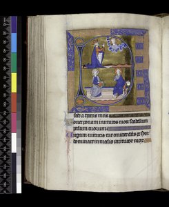 MS 300 f.125v、ダビデは神に祈る（上）、ベンチに座るオーブを持った神と本を持ったキリスト（下）、1265年から70年頃のパリ、イザベラ・オブ・フランスの『詩篇と時祷』より（羊皮紙にペンとインク、テンペラ）。 作： French School