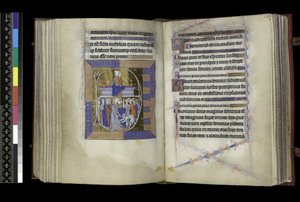 MS 300 f.177v-178r 「マチス」 ベンチに置かれた2つの壷の間に座る聖母子（上）、「キリストの裏切り」 ユダがキリストにキスをし、聖ペテロがマルカスの耳を切り落としている（下）、1265年から70年頃にパリで制作された「イザベラ・オブ・フランスの詩篇と時祷」より（ペンと 作： French School