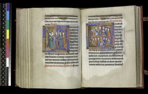 MS 300 f.207v-208r『処女への参与権と全聖人への参与権』パリ、1265年から70年頃のイザベラ・オブ・フランスの『詩篇と時祷』より（羊皮紙にペンとインク、テンペラ）。 作： French School