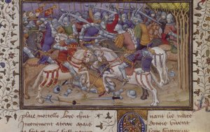 MS Royal 20 B.XX fol.16v パウサニアスによるフィリップの敗北、馬に乗った騎士の戦い、「ラ ヴレイ ヒストワール デュ ボン ロイ アリクサンドル」より 15 世紀初頭、疑似カリステネス (ベラム)