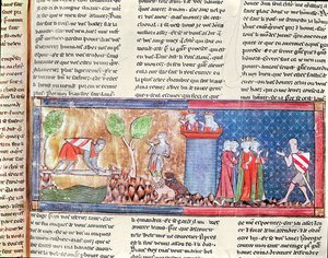 M. 806 f.166ランスロットは、1344年にロマンドランスロットデュラックから出された鋭い剣で橋を架けられた川を渡ることによって、ギネヴィアへの愛情を証明しています。