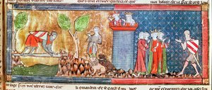 M. 806 f.166ランスロットは、1344年にロマンドランスロットデュラックから出された鋭い剣で橋を架けられた川を渡ることによって、ギネヴィアへの愛情を証明しています。