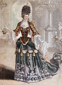 リュリのオペラでプシュケ役を演じるマドモアゼル・デマタン、1703年頃（カラーエングレーヴィング）