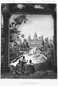 アンコールワットのメインファサード、インドシナのアトラスデュヴォヤージュ探検からのイラスト、Doudart de Lagreeによる1866-68、発行された1873年、パリ、アシェット 作： French School