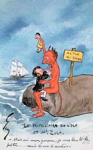 しかし、はい、私の男の子、私はあなたにそれを貸したいと思います...、ドレイファス事件を論じているデビルズアイランドのゾラと悪魔を描いた漫画（紙のトイレ） 作： French School