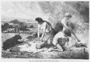 石器時代のパンを作る、ルイフィグイエのLHomme Primitifのイラスト、アシェット、1870年 作： French School