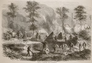 火薬用の木炭を作る、1870年から1871年のフランスとドイツ間の戦争のカッセルズ歴史からのイラスト 作： French School